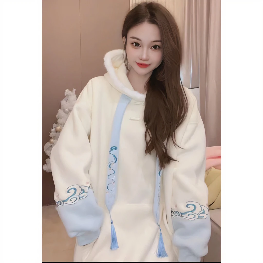 【惊鸿】国风新中式盘扣时尚加厚羊羔绒连帽套头卫衣冬宽松版SF6188