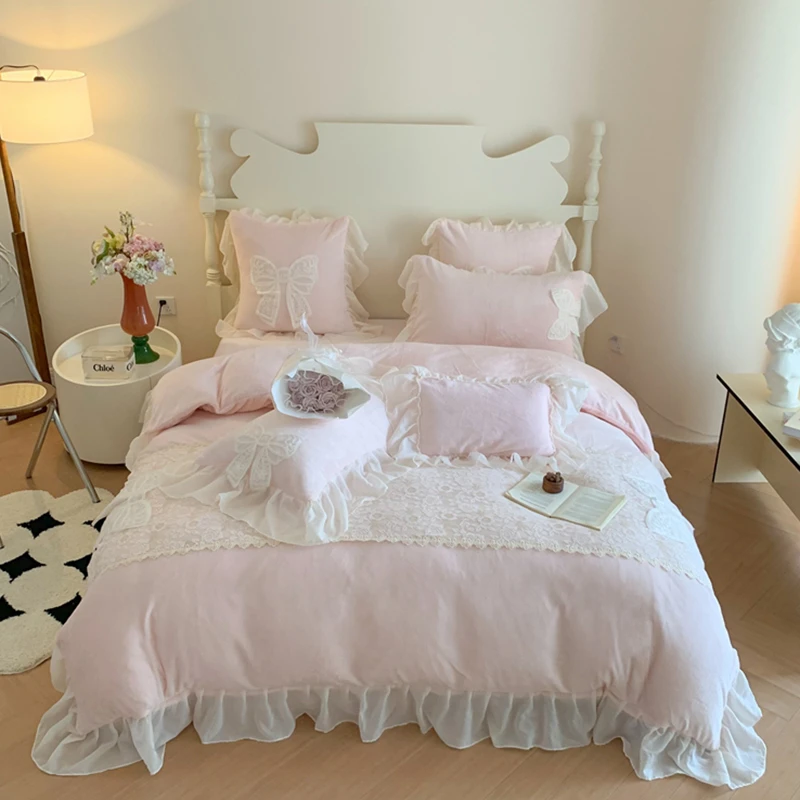 新款公主风蝴蝶仙子加厚婴儿绒牛奶绒四件套床单款床盖款蕾丝床裙