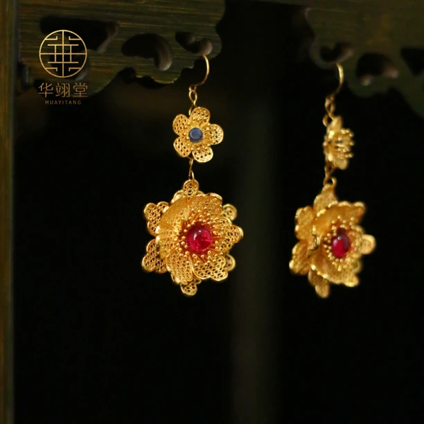 铜合金耳饰 华翊堂原创设计镀金镶嵌宝石仿花丝大花耳坠