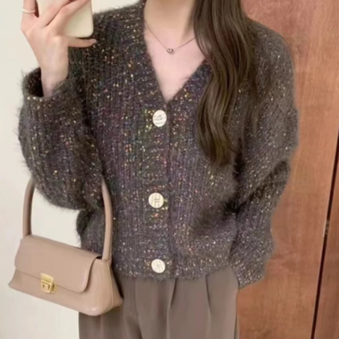 复古彩点毛衣外套女2024新款慵懒宽松软糯花线针织衫v领30628