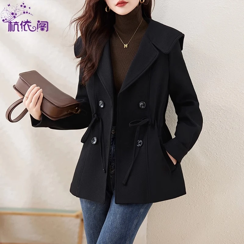 黑色短款毛呢外套女2025年秋冬新款高级感小个子气质收腰呢子大衣