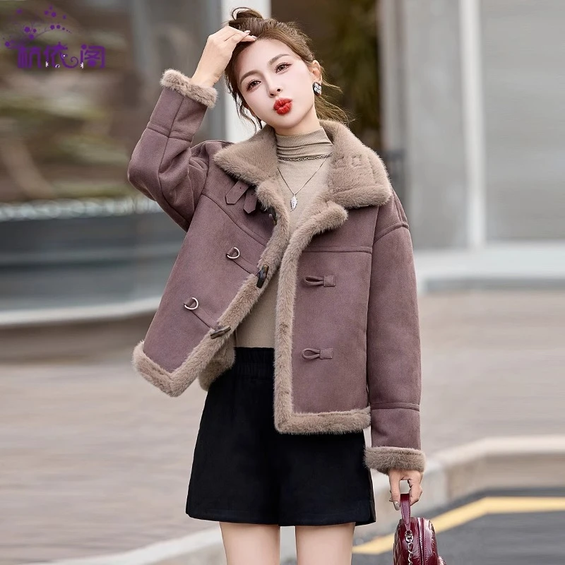 皮毛一体羊羔绒厚外套女冬2025新款小个子短款仿鹿皮绒机车服上衣