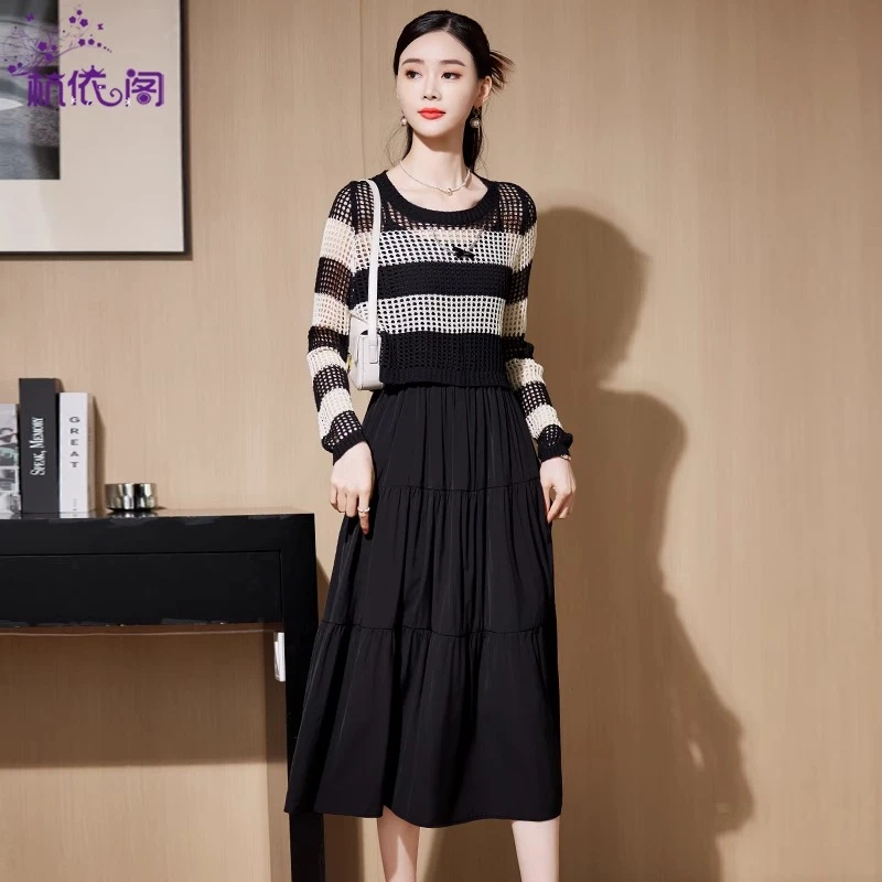 秋装时尚套装女2025年新款高端气质高级感休闲百搭连衣裙镂空罩衫