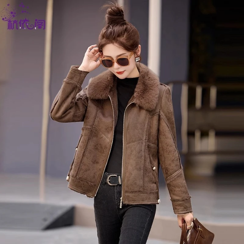 皮毛一体加绒加厚外套女冬2025新款高端洋气短款仿鹿皮绒毛领上衣