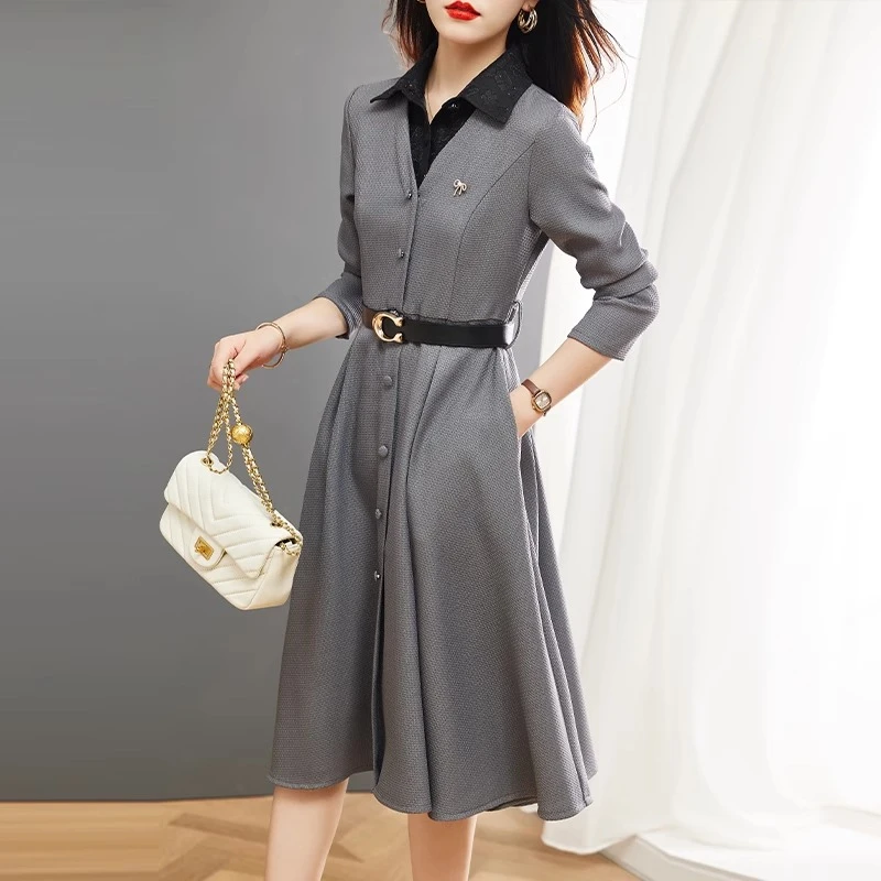 连衣裙女长袖2025春秋新款高级感气质显瘦别致假两件早秋衬衫裙子