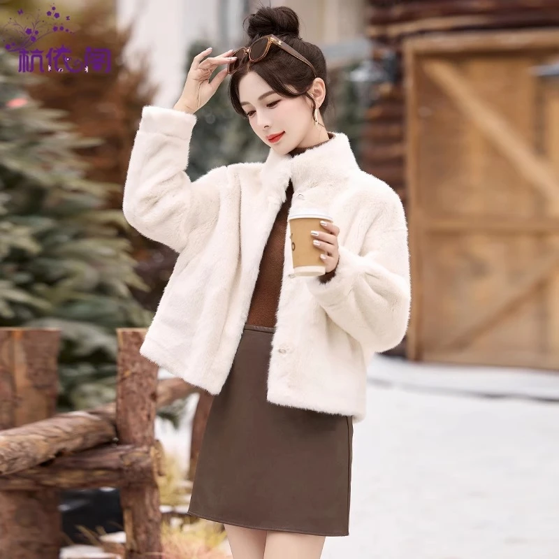 皮毛一体仿水貂绒外套女短款2024新款冬季人造毛防羊羔绒毛毛上衣