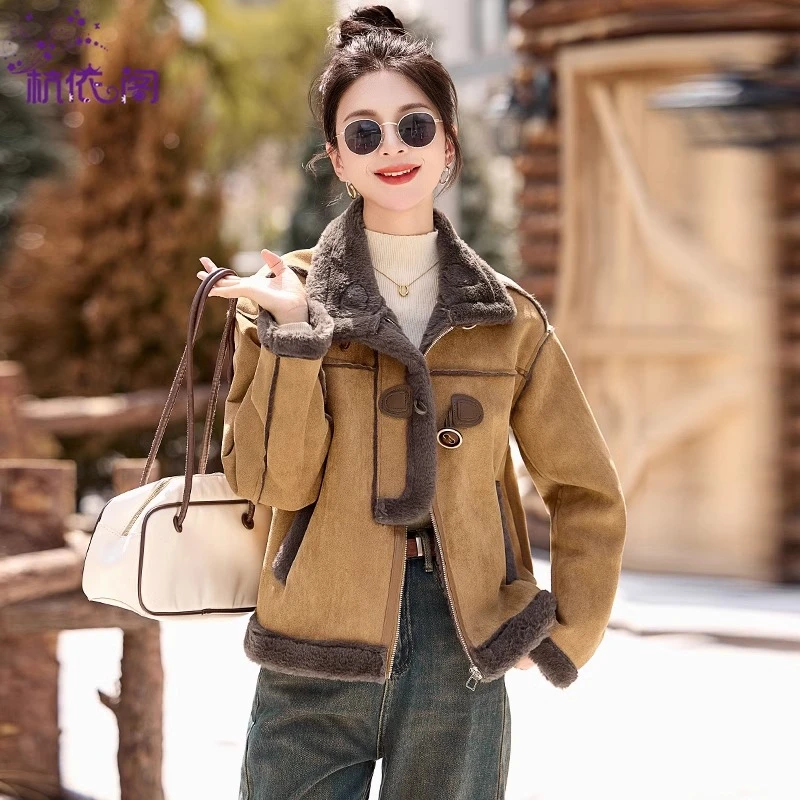 皮毛一体仿鹿皮绒羊羔毛外套女冬2024新款小个子短款加厚机车夹克