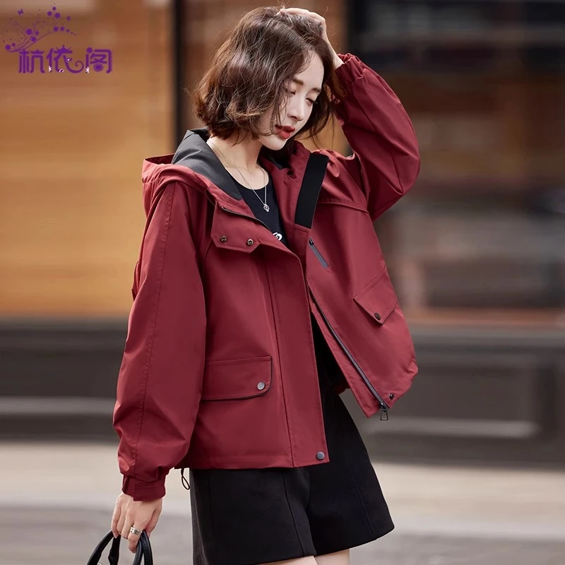 安可拉红外套女短款2025新款春秋季宽松休闲工装百搭连帽夹克上衣