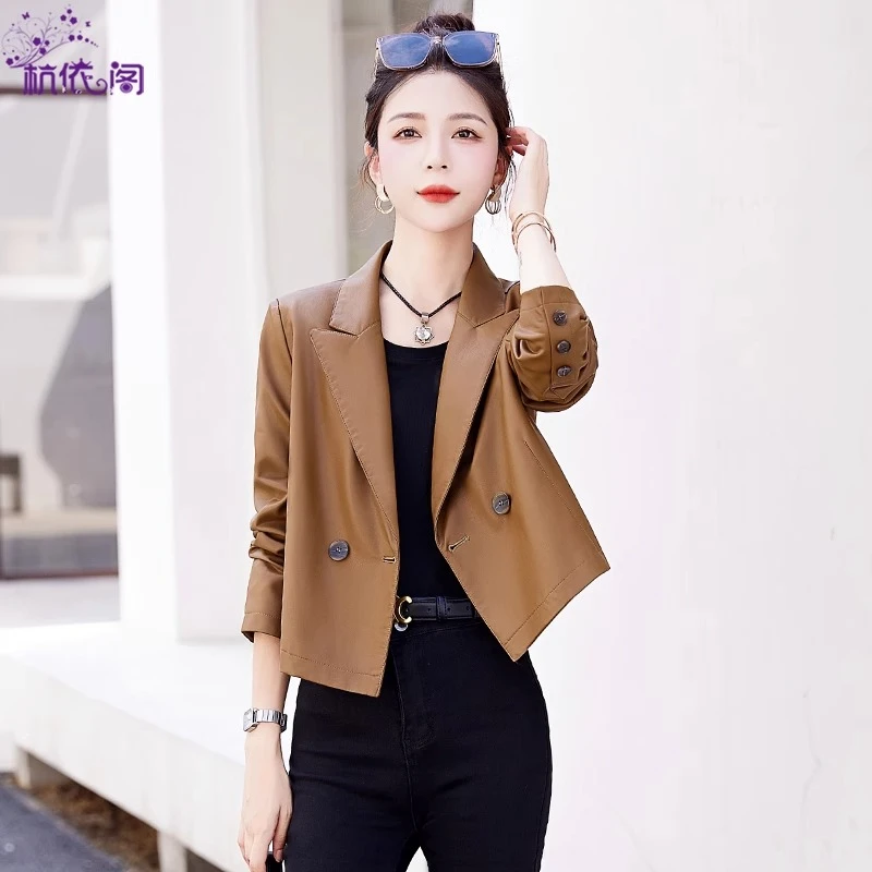 小皮衣西装女短款2025春秋新款高级感小个子港风休闲PU皮机车外套