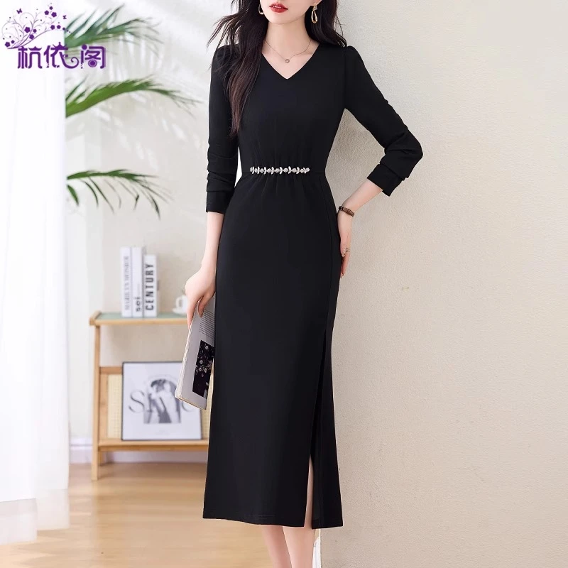 黑色长袖连衣裙女2025新款春秋季高级感修身显瘦气质包臀鱼尾裙子