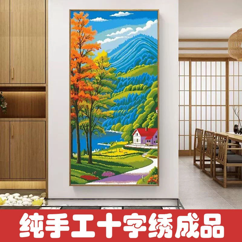 绣好的纯手工十字绣成品田园小屋竖版满绣玄关风景挂画不带框F106