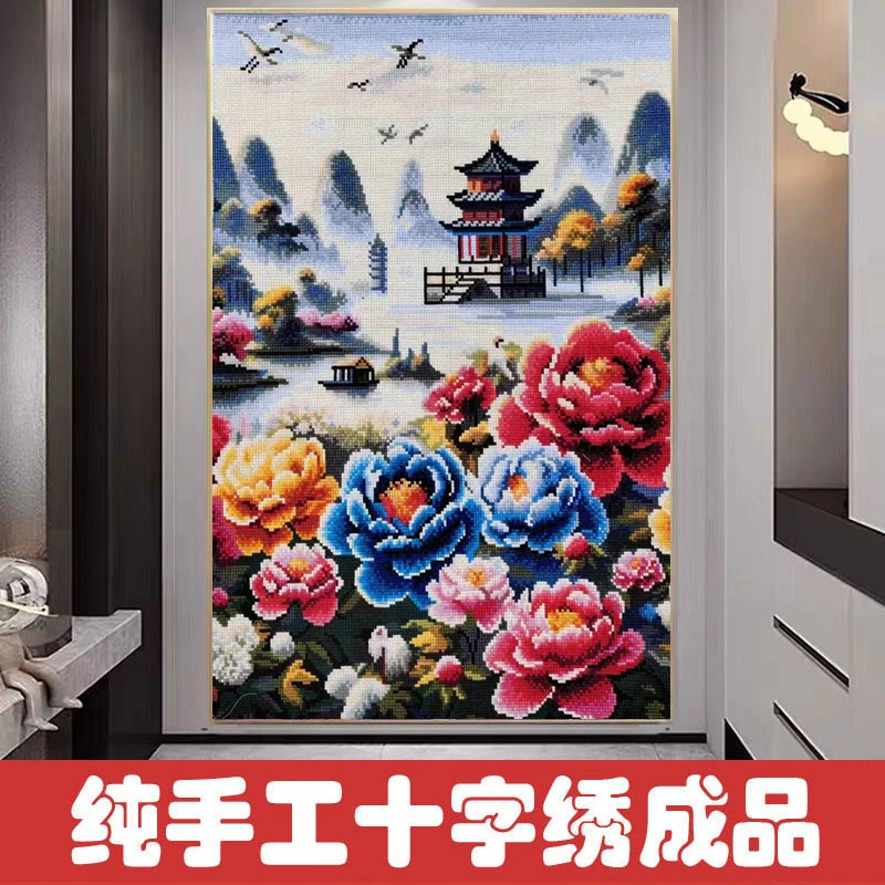 绣好的纯手工十字绣成品莲花阁楼风景玄关过道竖版小画不带框F119