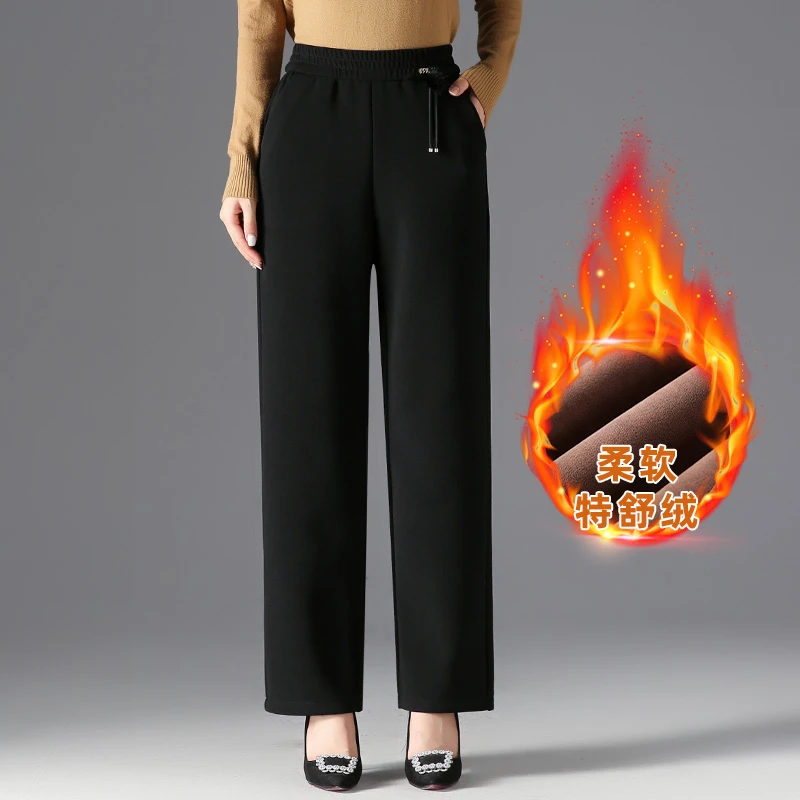 加绒加厚新中式妈妈裤子秋冬新款松紧高腰直筒裤小个子中老年女裤