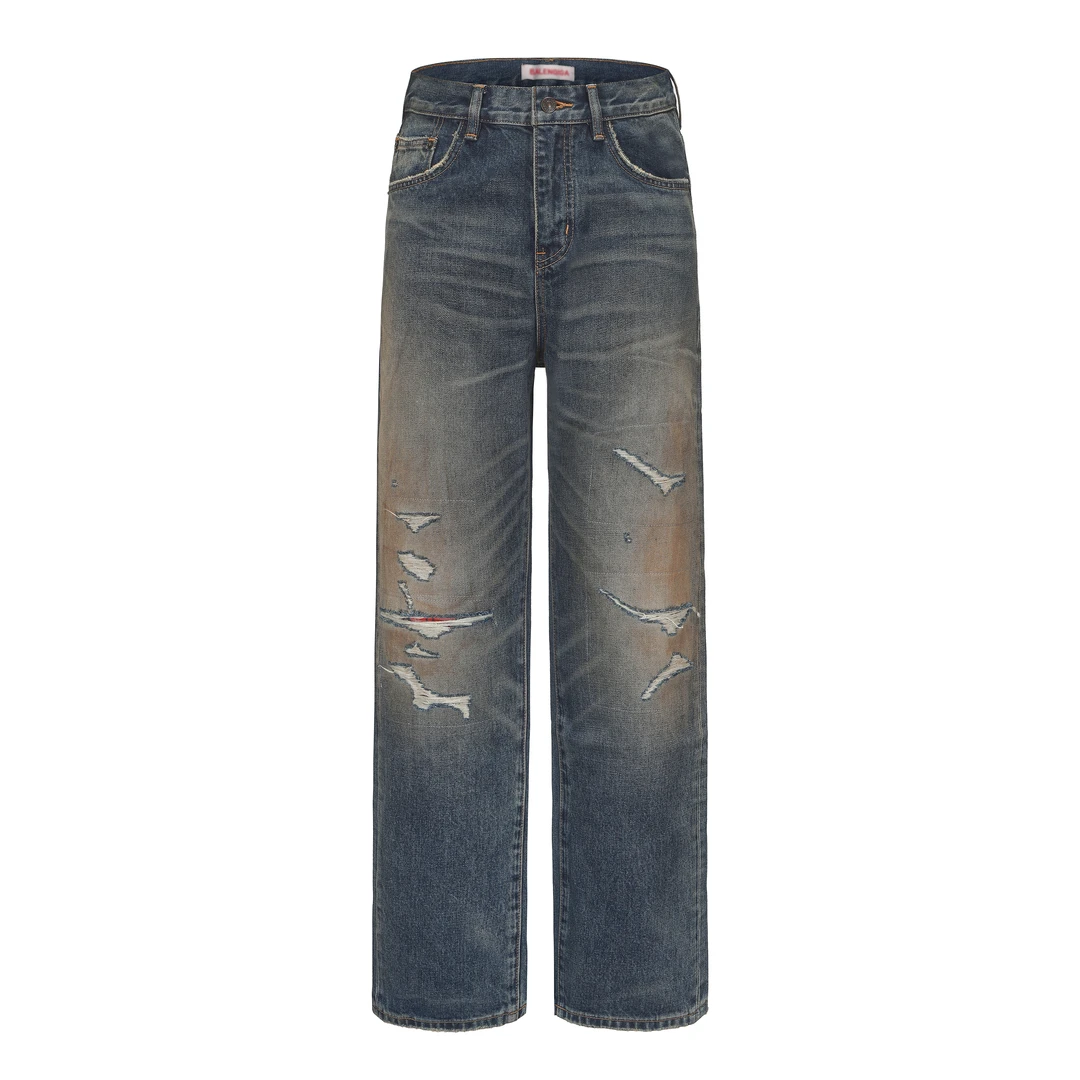 Chao Daniel/潮大牛欧美秋冬高街时尚复古直筒破洞潮流水洗牛仔裤