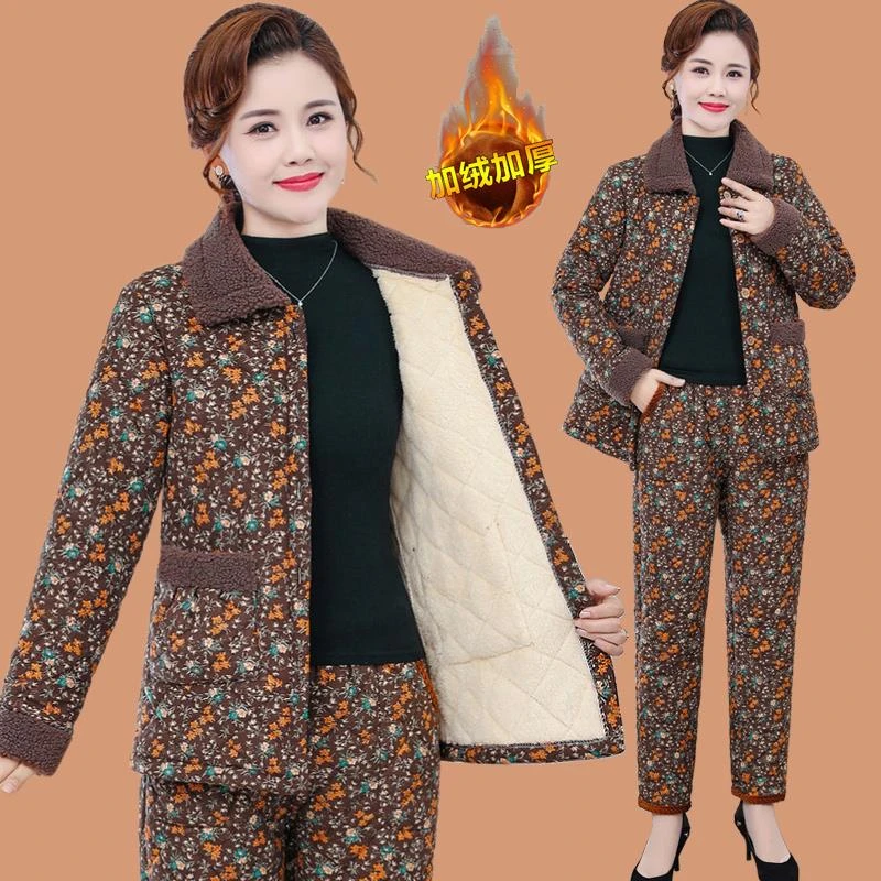 俞兆林妈妈冬装碎花棉衣棉裤套装中老年人女加厚女款冬季外套