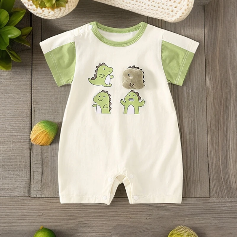 婴儿连体衣卡通恐龙爬服新生儿夏季薄款短袖纯棉套头洋气哈衣短袖