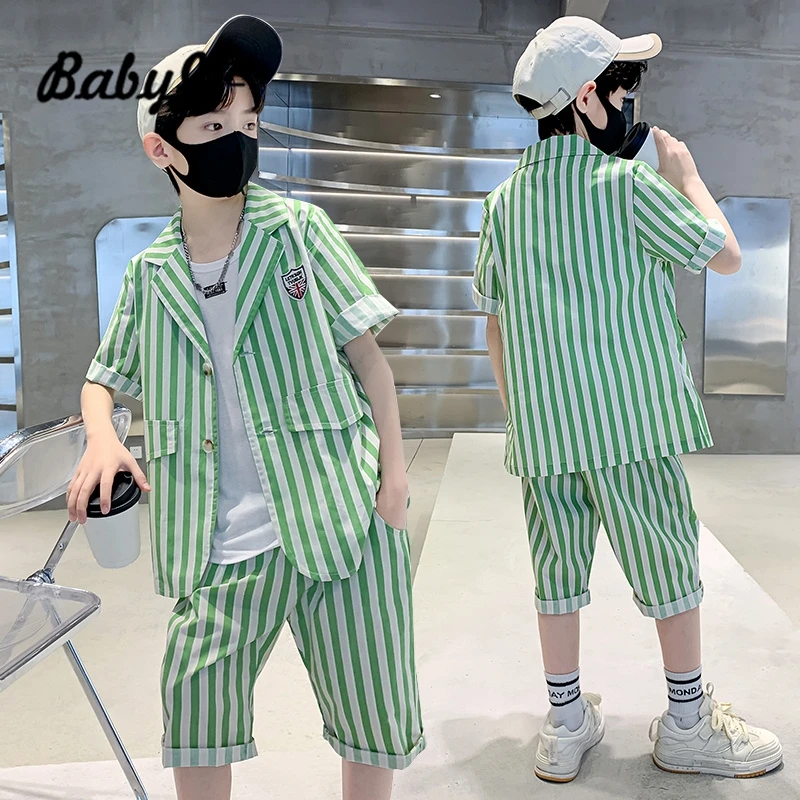 男童夏装西装套装2023新款中大童男孩西服洋气花童礼服表演三件套