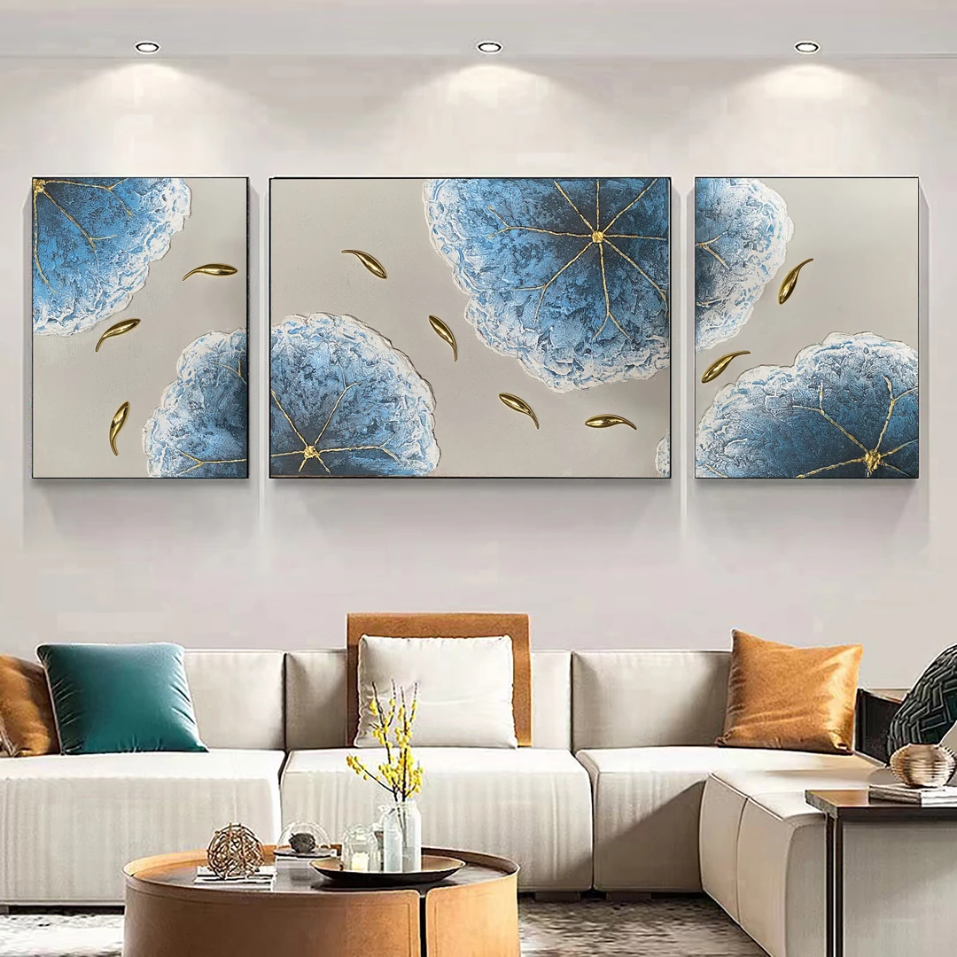 SF 204 荷花九鱼客厅背景墙挂画纯手绘立体油画铝合金