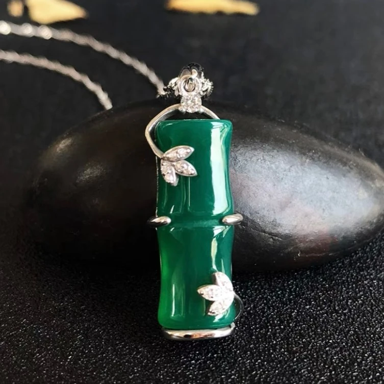 足银莫桑石银制品  足银素款吊坠足银990镶嵌合成碳硅石竹节吊坠