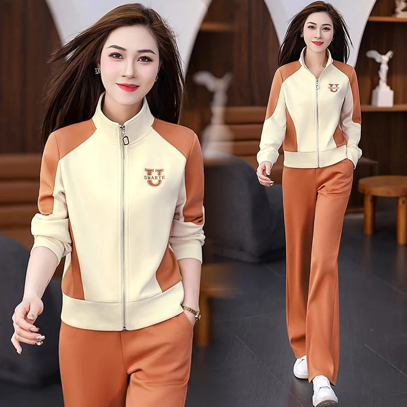 高含棉运动服套装女2025年春秋季新款时尚拼色开衫立领卫衣两件套