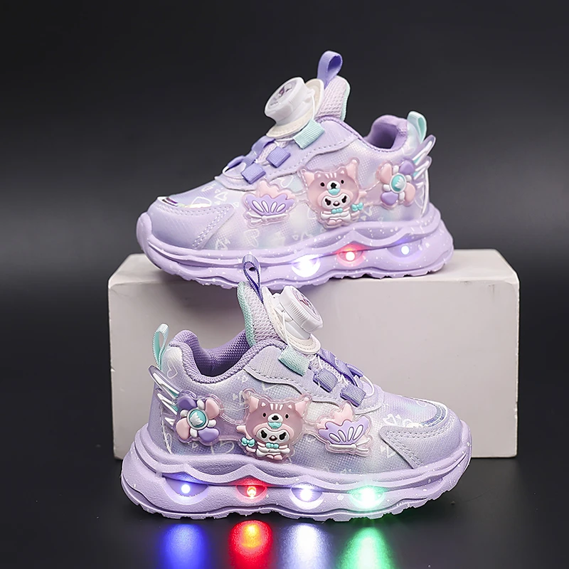 女童旋转纽扣亮灯运动鞋秋冬新款加绒老爹鞋3-9岁儿童二棉公主鞋