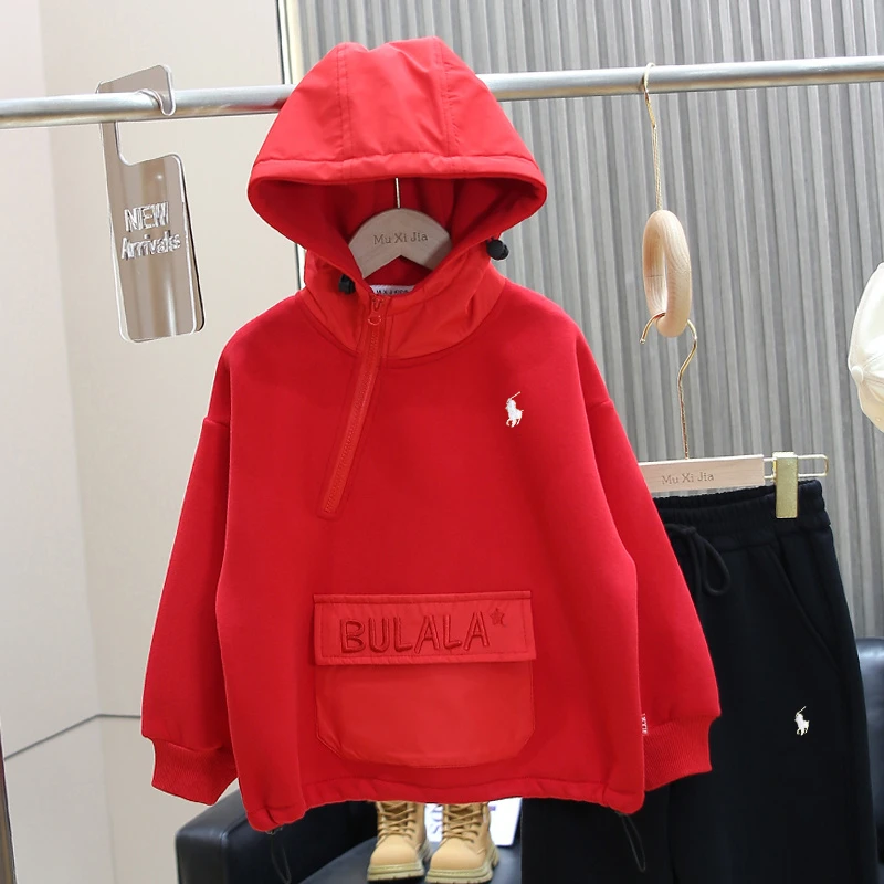 男童加绒卫衣秋冬季2024新款中大童加厚男孩本命儿童红色连帽外套