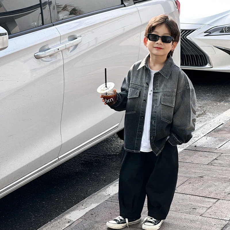 儿童秋装男童牛仔外套春秋款2025秋季新款中大童渐变色牛仔上衣潮