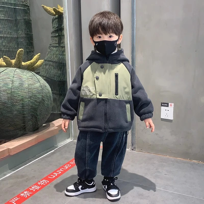 男童加绒外套秋装新款洋气男孩秋冬上衣冬季外套儿童装潮拼接休闲