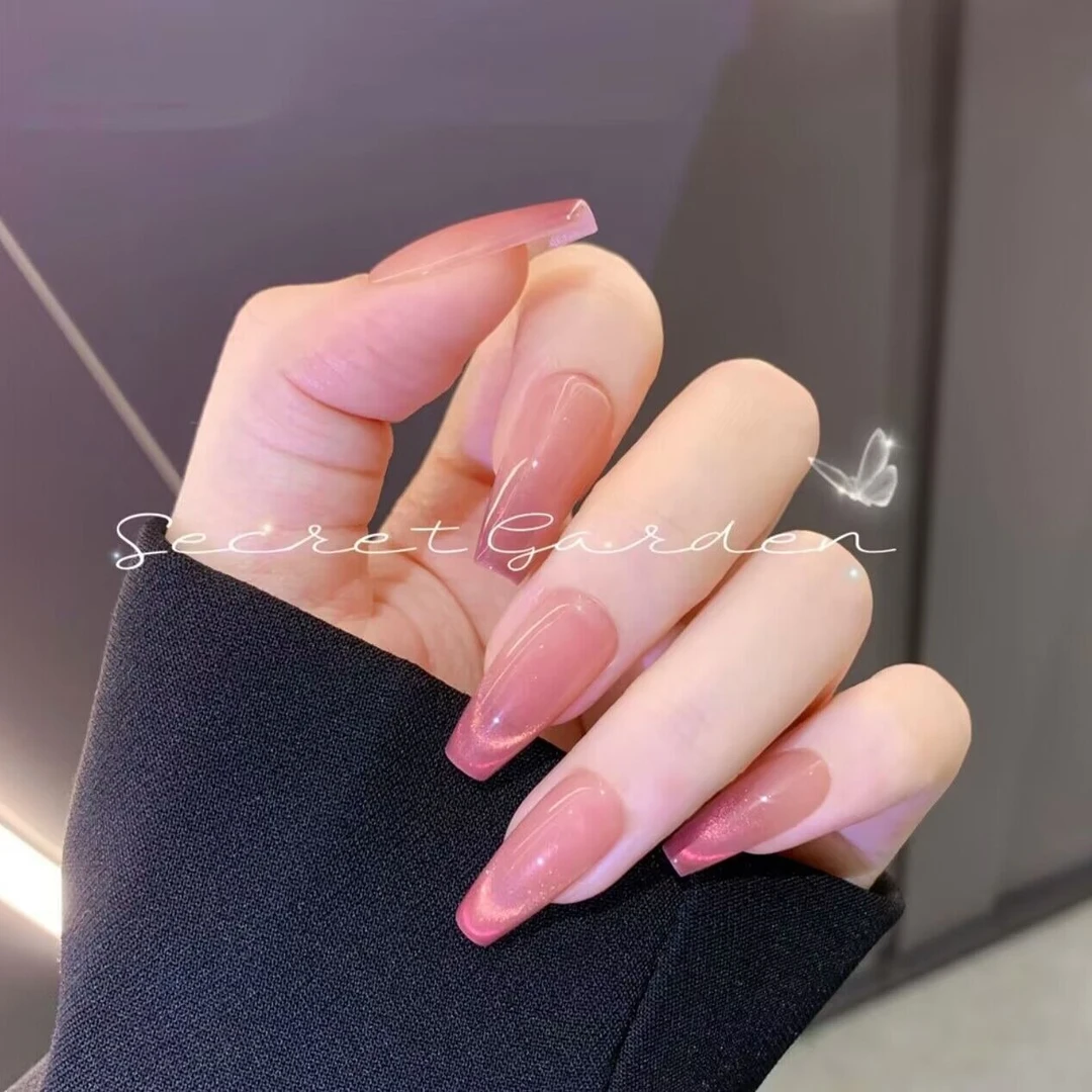 晚霞显白猫眼光疗美甲纯手工穿戴甲中长款短款美甲贴片成品