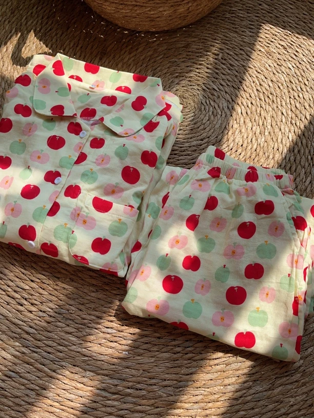 韩版可爱苹果印花长袖睡衣女秋季家居服纯棉棉纱