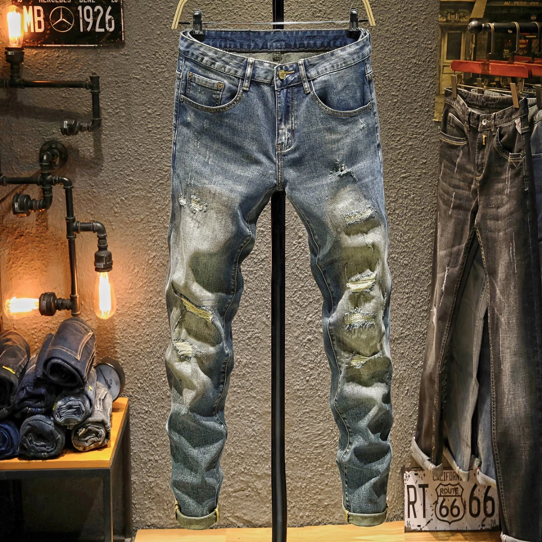 【怀旧复古蓝】高端欧货假破洞补丁男士牛仔裤修身小脚潮流弹力做