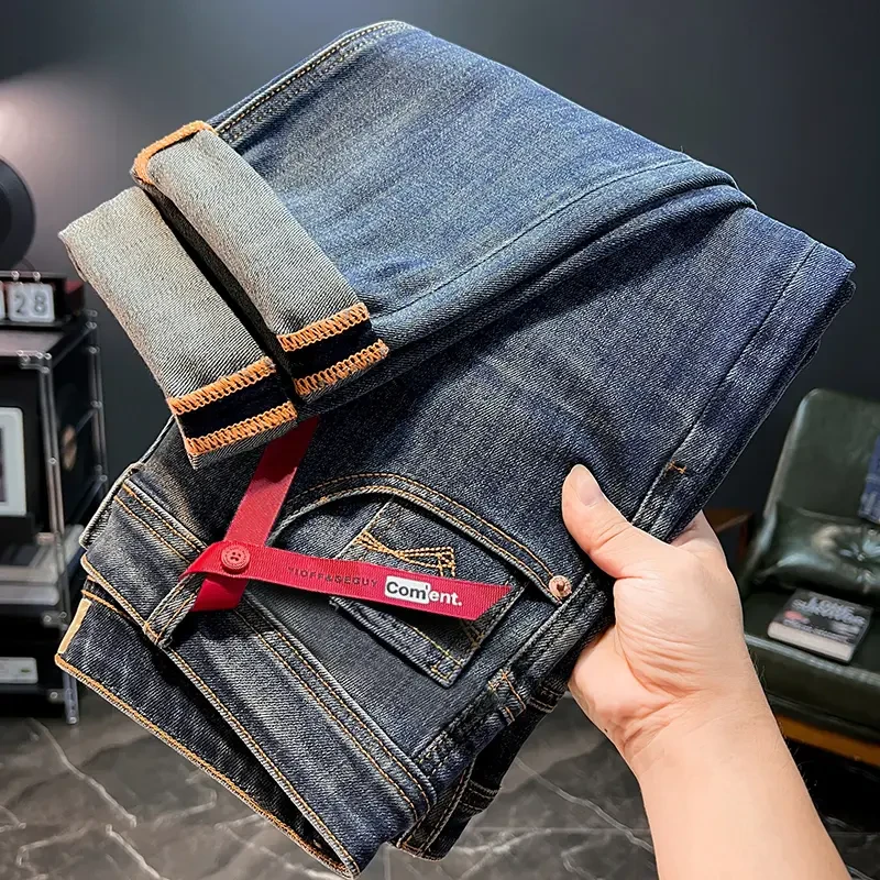 潮流牛仔裤子男复古大牛九分刺绣百搭小直筒弹力休闲韩版蓝色长