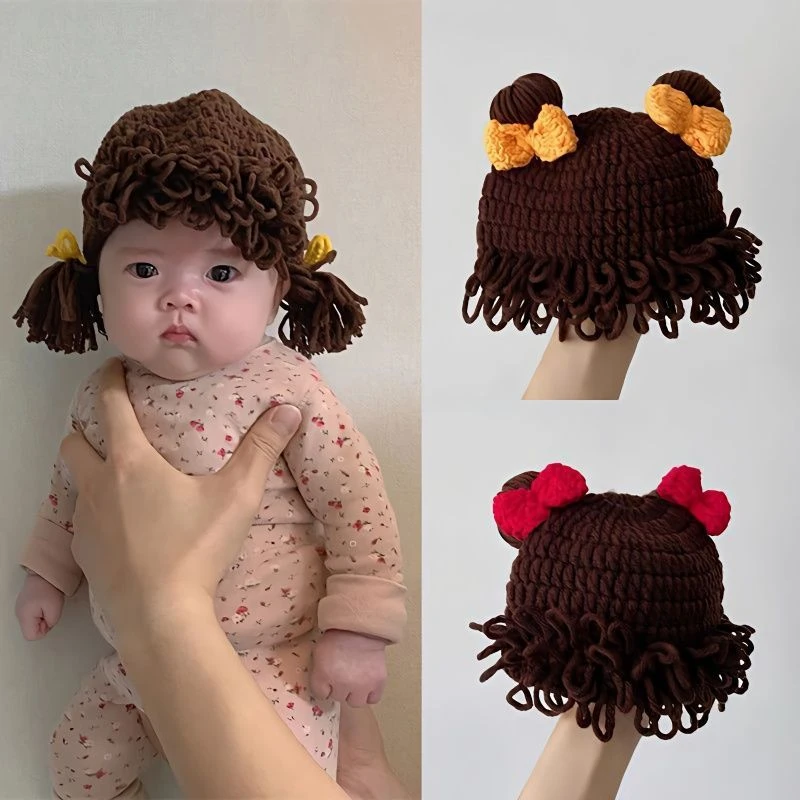 秋冬款保暖婴儿帽子女宝可爱刘海假发帽超萌丸子头毛线帽造型帽