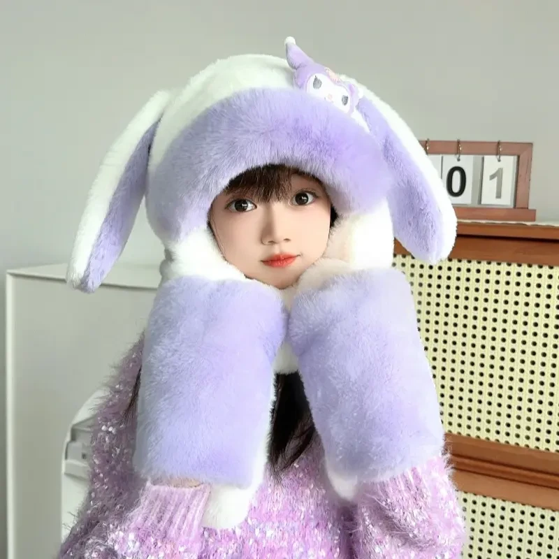 儿童帽子围巾手套一体帽女童加厚保暖耳朵会动男童毛绒护耳帽冬天