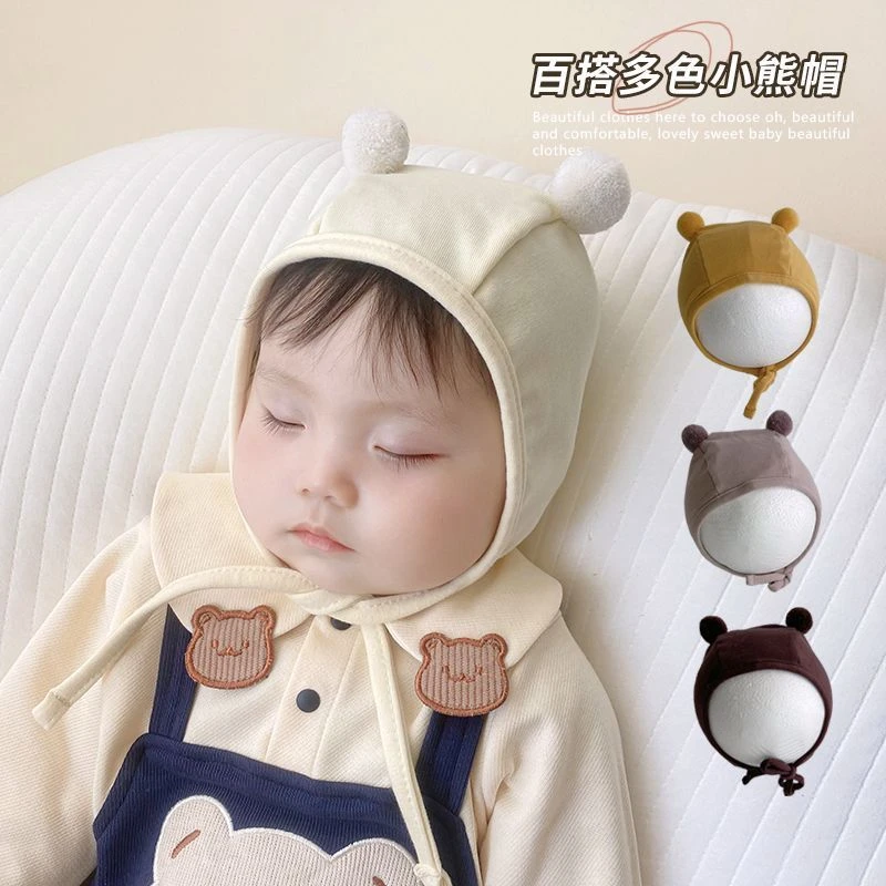 ins婴儿帽子韩版春秋薄款护耳帽0-6个月婴幼儿宝宝秋季系带套头帽