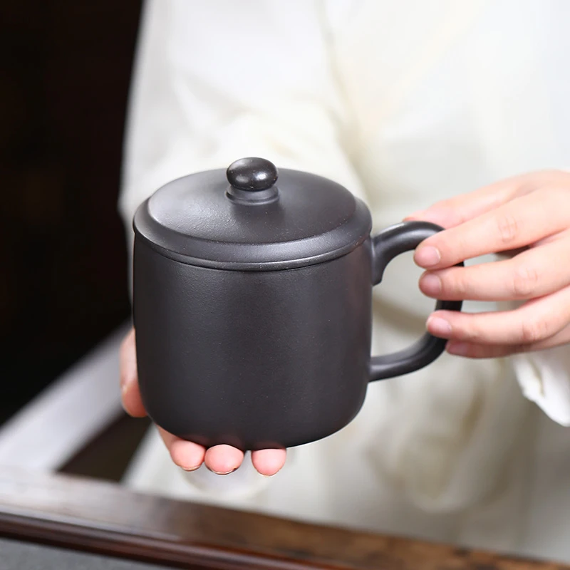 叶凡紫砂杯黑石黄大容量单杯带盖手工家用中式大号泡茶杯宜兴