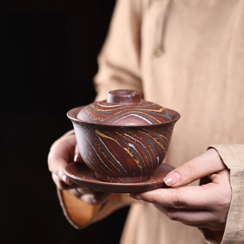 叶凡宜兴原矿绞泥盖碗紫砂茶碗中式功夫茶器家用三才碗大容量盖杯