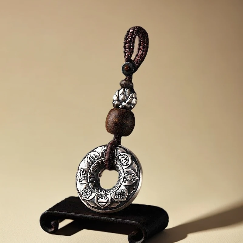 【新款】纯银制品平安扣汽车钥匙扣挂件心经平安扣个性创意复古风