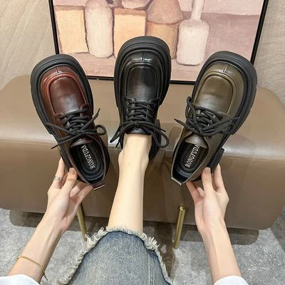 黑色小皮鞋女2023秋新款粗跟复古大头单鞋厚底轻便软底乐福鞋
