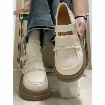 圆头米色学院风百搭厚底小皮鞋女新款夏季复古法式玛丽珍单鞋