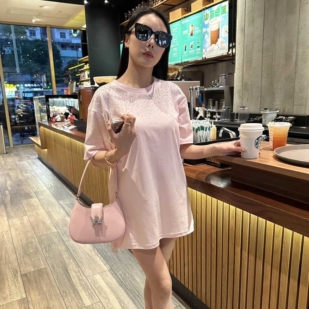 【星辰】DL白色星辰宽松轻奢百搭重工镶钻潮流时尚圆领女士短袖T恤