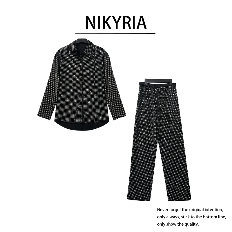 【一帘幽梦】潮款女士长袖衬衫轻奢重工烫钻女装修身显瘦套装阔腿裤