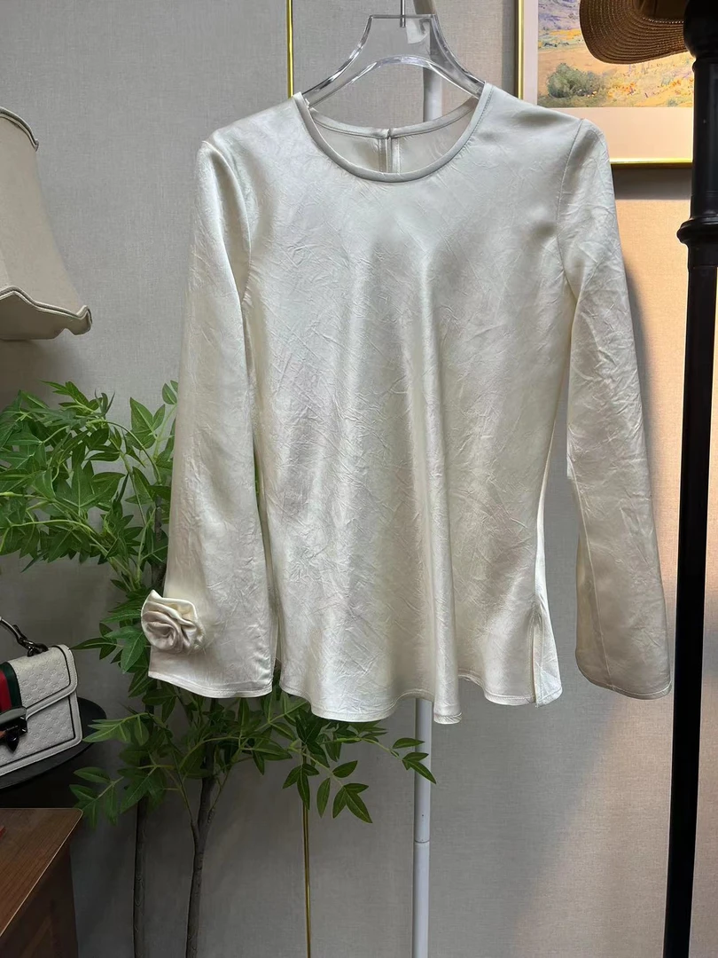 （玫瑰）醋酸斜纹裁剪女士百搭女款秋冬修身圆领气质长袖休闲春季