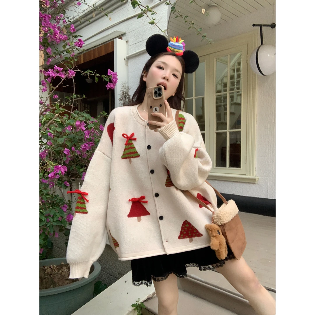 2024秋冬微胖大码女装新款趣味立体圣诞装饰大码毛针织衫冬季宽松