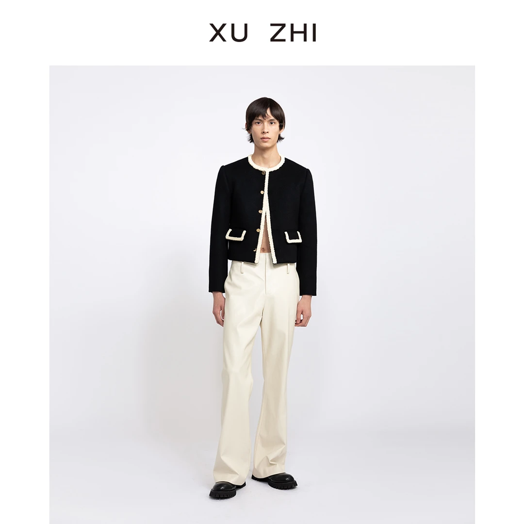 XUZHI2023秋冬新品毛呢钩针拼接简约圆领夹克设计感