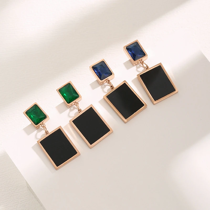 钛钢耳饰 复古简约方形流光耳钉滴油耳环潮流水晶耳饰轻奢时尚ins