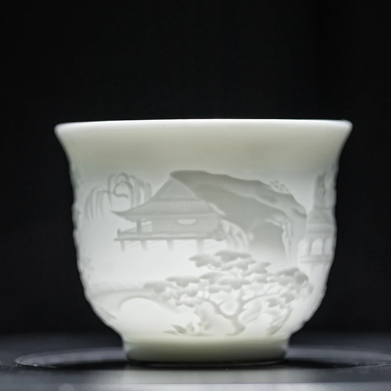 冰种手工浮雕泡茶主人杯家用高档陶瓷品茗杯茶杯白瓷大容量