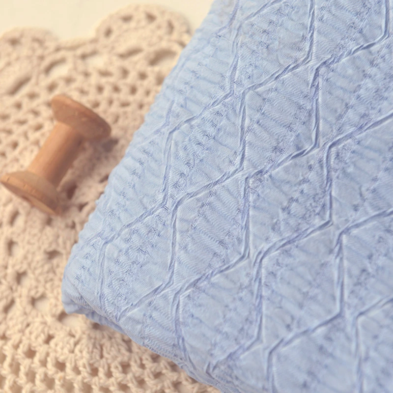 蓝紫菱格泡泡皱聚脂纤维布料 小清新田园连衣裙上衣汉服装面料