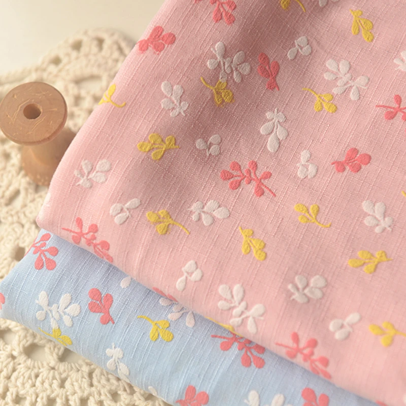 2色黄白红花枝竹节涤麻绸长裙桌布沙发巾家居装饰包包布袋DIY面料