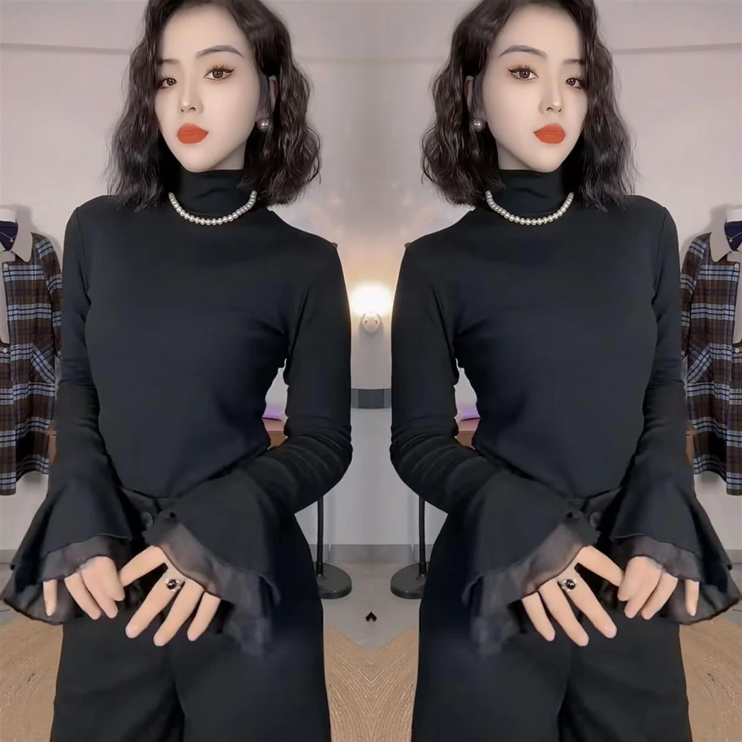 4721半高领喇叭袖法式设计秋冬薄绒遮肚子甜美净版纯色气质打底衫